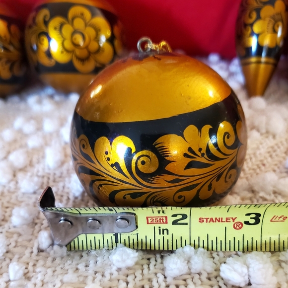 Vntg Russian "Khokhloma" Wooden, Hand Painted Christmas Ornaments, 8 Blk/Gold - Picture 14 of 16